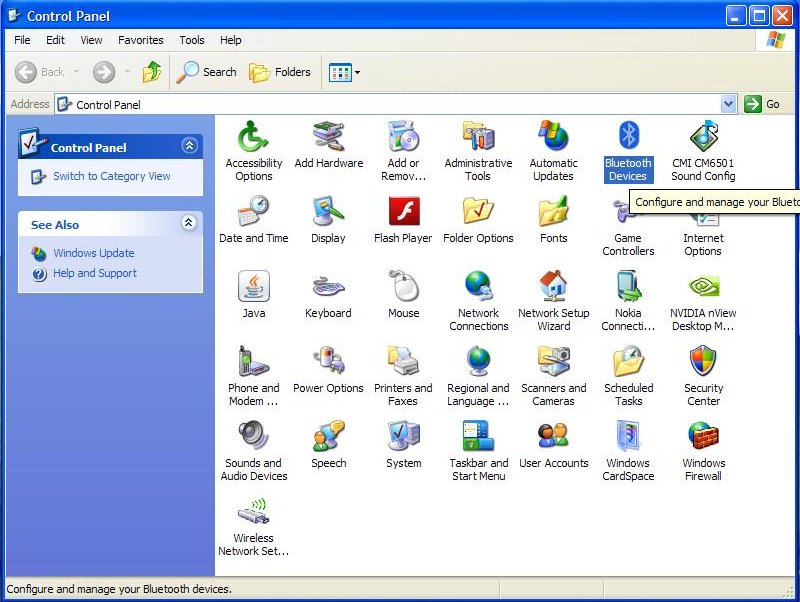 bluetooth på Windows XP kontrollpanel