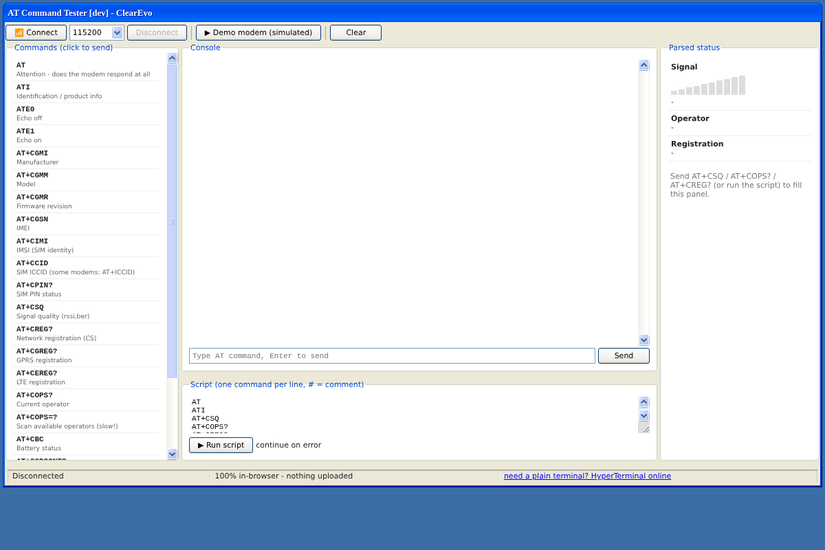 AT Command Tester online - console, catalog and parsed status screenshot
