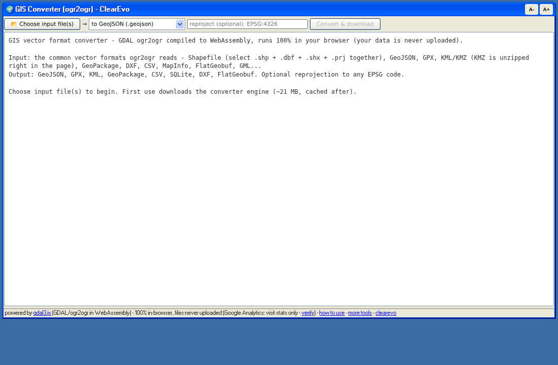GIS format converter online - ogr2ogr in the browser screenshot