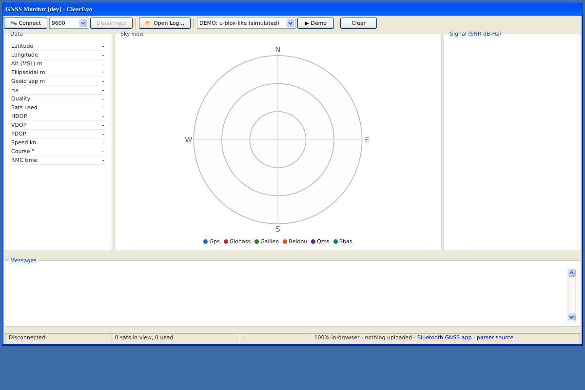 GNSS Monitor online - sky plot and data panels screenshot